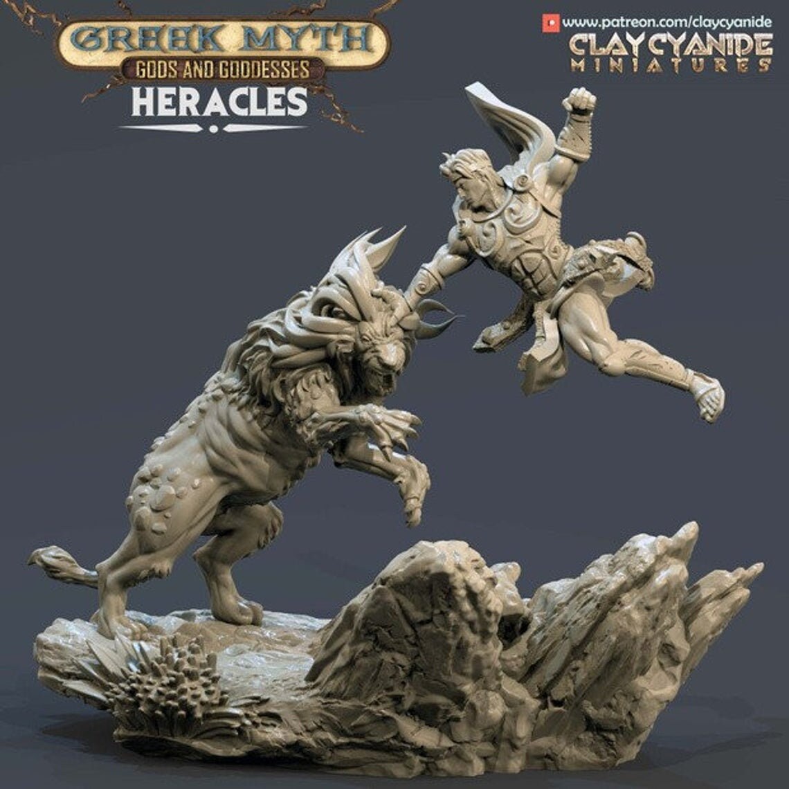 Heracles (Hercules) Fights the Nemean Lion RPG Miniatures Tabletop - Clay Cyanide Miniatures