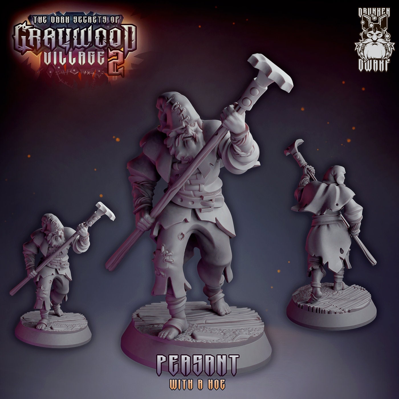 Peasant with Hoe Tabletop Resin Miniature | Graywood Village 2 Series | Drunken Dwarf Miniatures