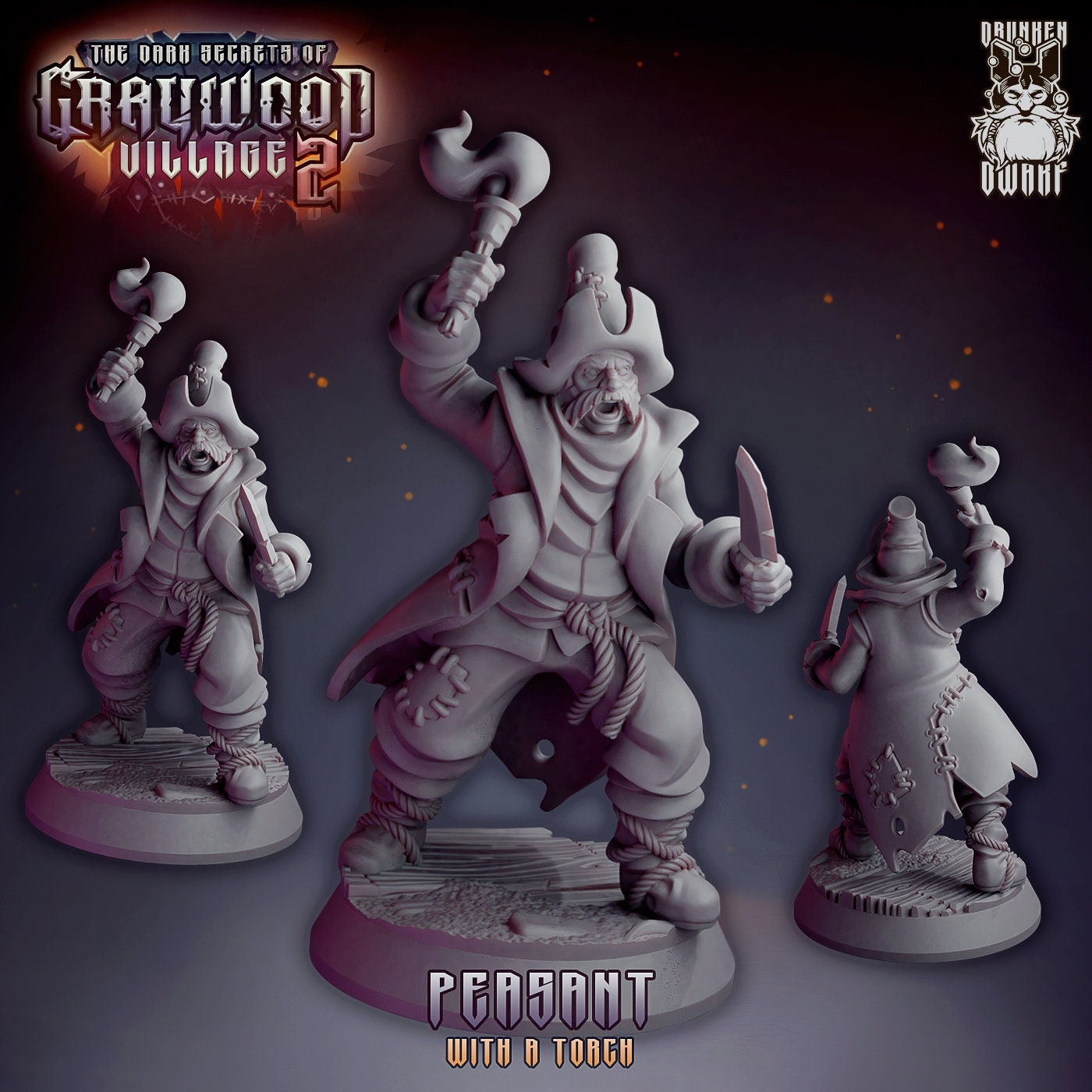 Peasant with Torch Tabletop Resin Miniature | Graywood Village 2 Series | Drunken Dwarf Miniatures