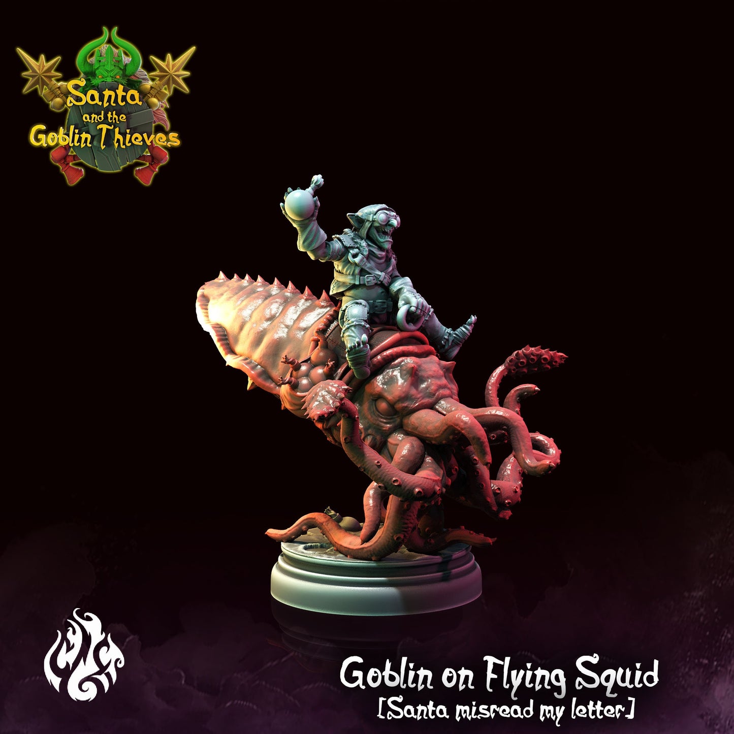 Goblin and Flying Squid Mount Tabletop RPG Miniature | Santa & The Goblin Thieves Collection | Crippled God Foundry