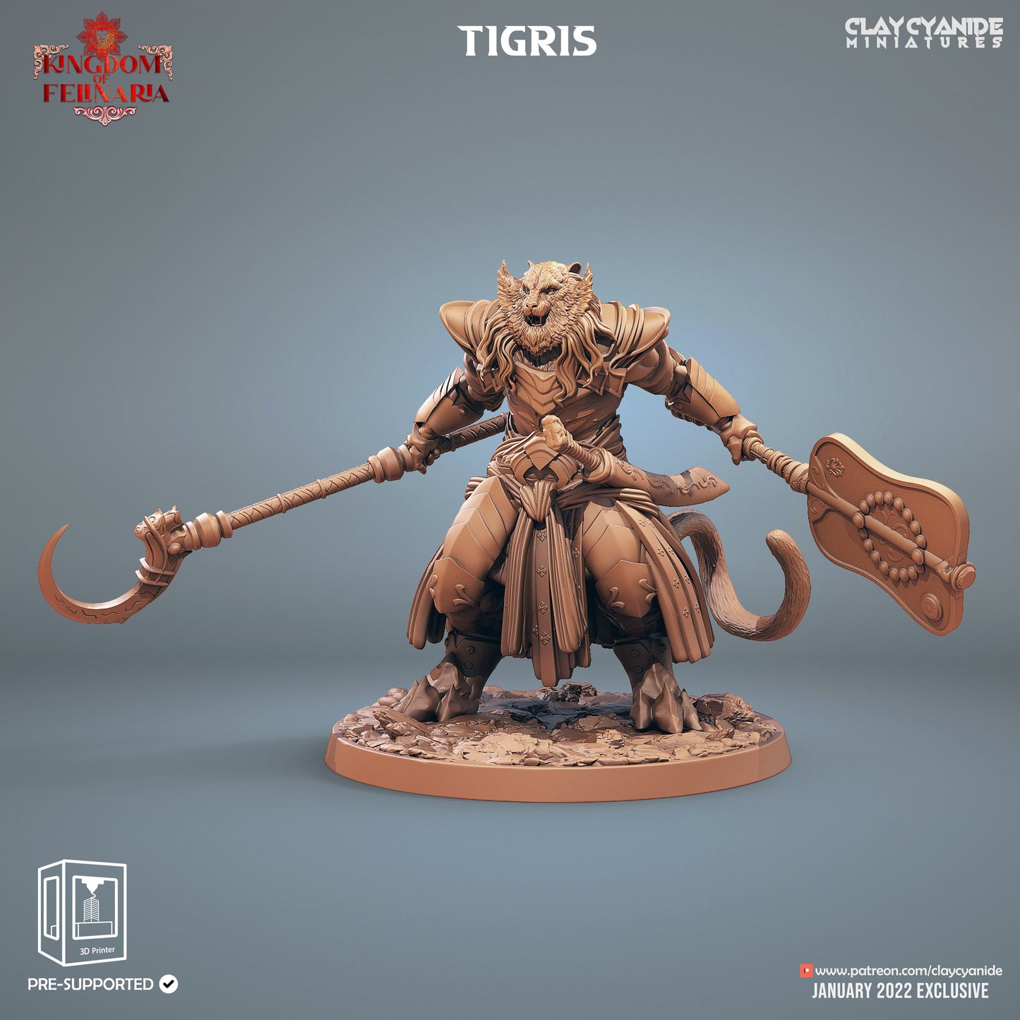 Tigris Tiger Warrior Resin Figure | Kingdom of Felinaria Series RPG Miniatures Tabletop | Clay Cyanide Miniatures