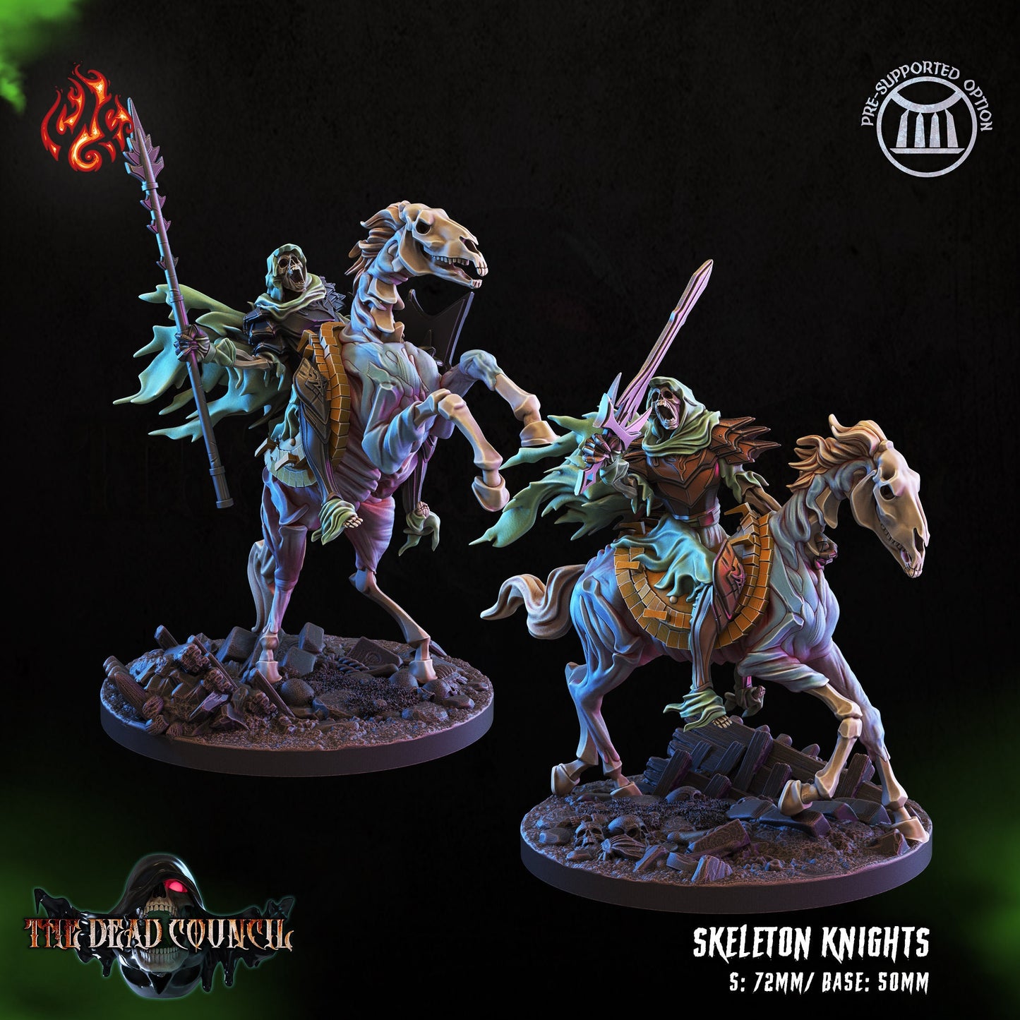 Skeleton Knights on Horseback Tabletop RPG Miniature Set | The Dead Council Collection | Crippled God Foundry