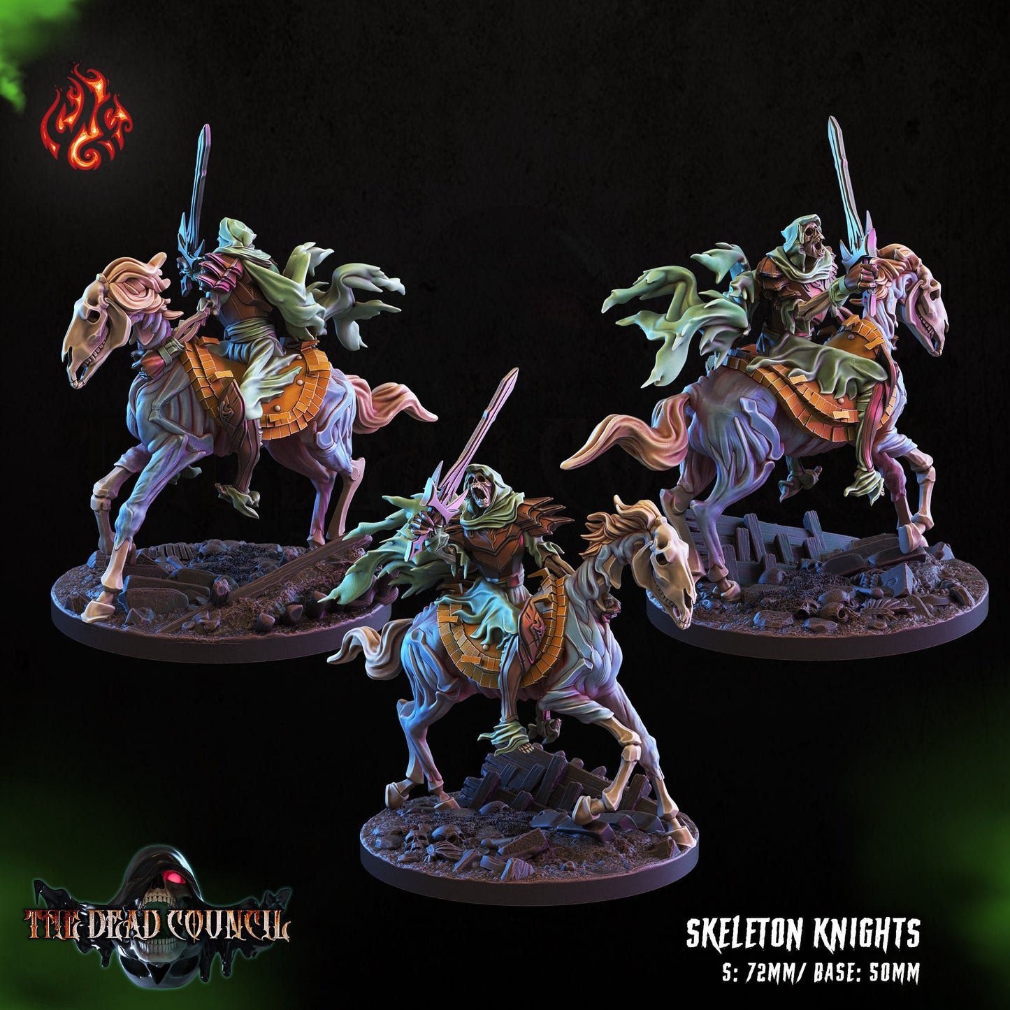 Skeleton Knights on Horseback Tabletop RPG Miniature Set | The Dead Council Collection | Crippled God Foundry