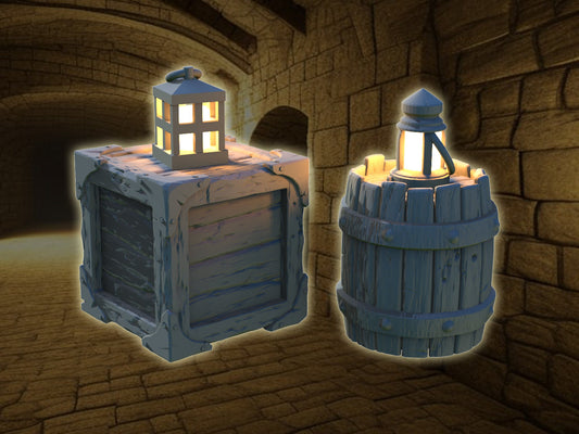 Crate and Barrel with Lantern light up LED Resin Miniature Terrain | Fantasy LED Vol 1 Collection | Moonshine Miniatures